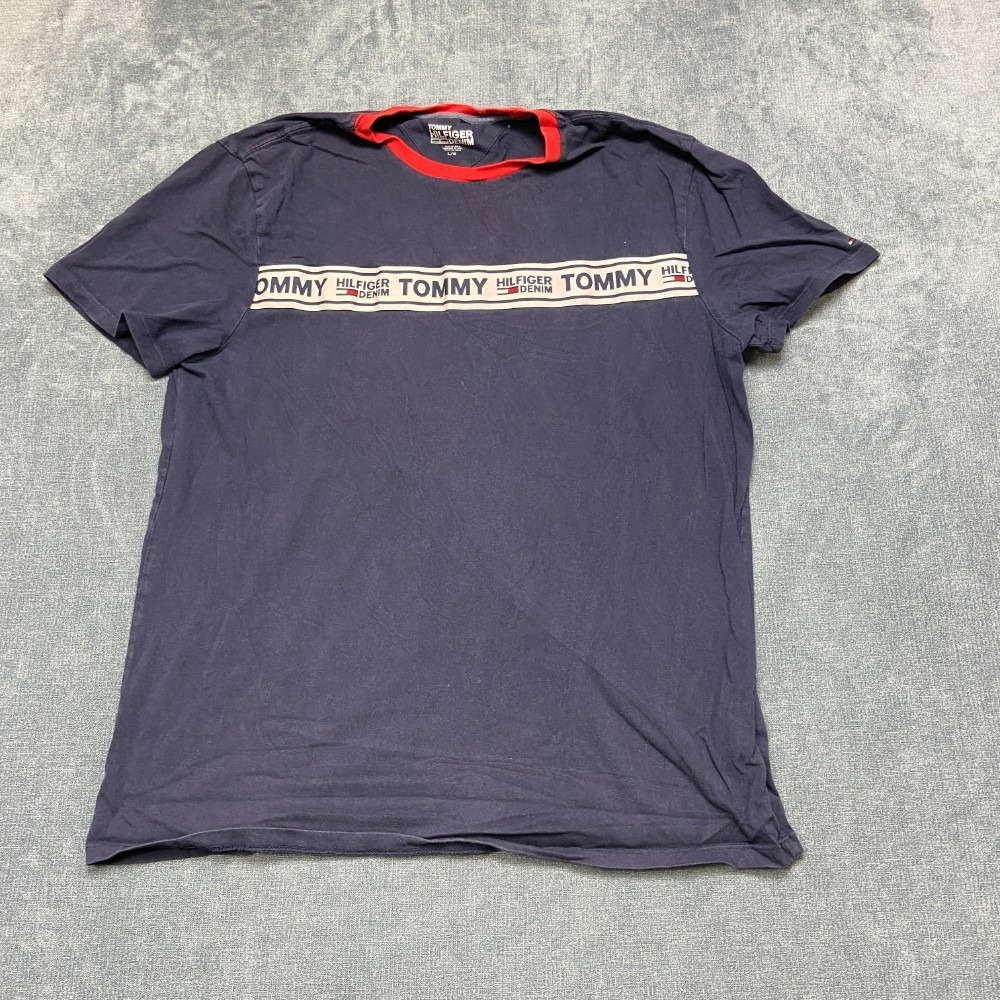 Tommy Hilfiger Denim T Shirt Mens Large Navy Blue Spellout Logo Streetwear Comfy